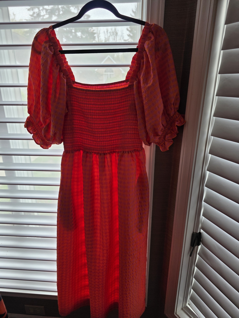 Jessie Zhao Sample Dress Orange Puff-Sleeve Midi Dress - Smocked Bodice